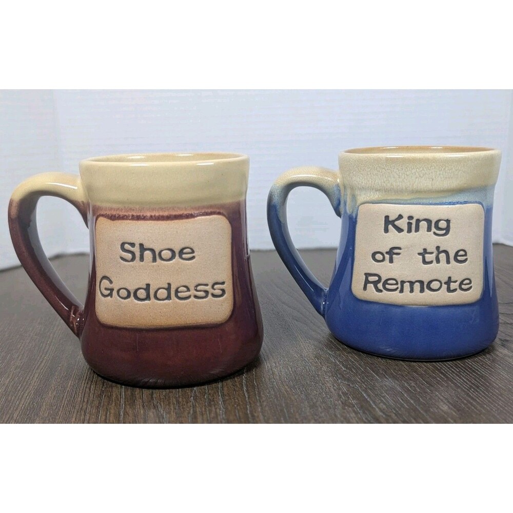 Set of 2 Stoneware Pottery Coffee Mugs SHOE GODDESS & KING OF REMOTE Maroon Blue